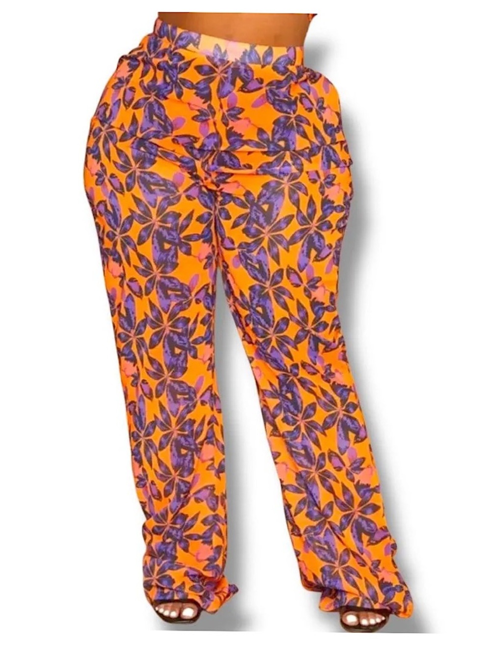 PrettyLittleThing Plus Orange Print Beach Sheer Flare Pants Size US20  NWT